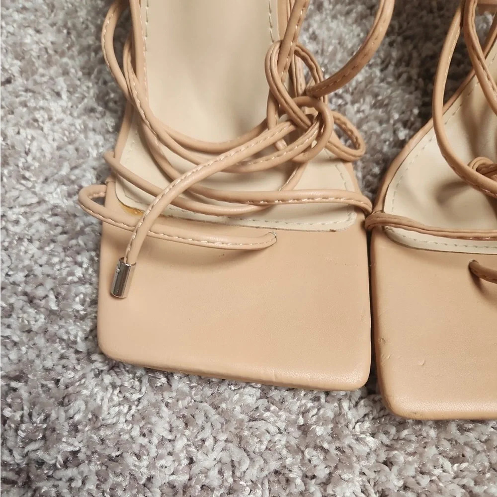 Sweet Talker Nude Strappy Lace Up Heels - Picture 5 of 9